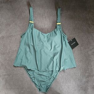 Ellen Tracy Women's Sage Green Draped Tulip Hem One Piece Swimsuit Size 10